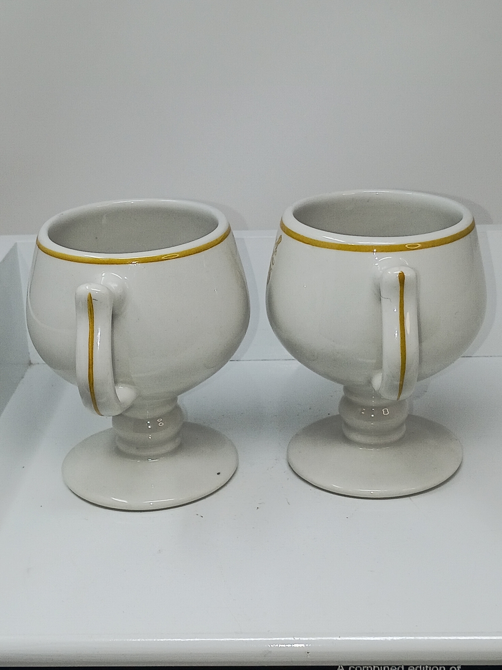 Sterling China, White Ceramic Pedestal Mugs with Gold Trim & Emblem - Set of 2 - Picture 6 of 12